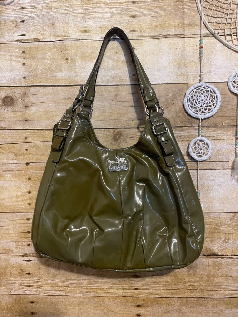 COACH Madison Glossy Olive Green Satchel Bag Hobo Shoulder Purse - Picture 2 of 11